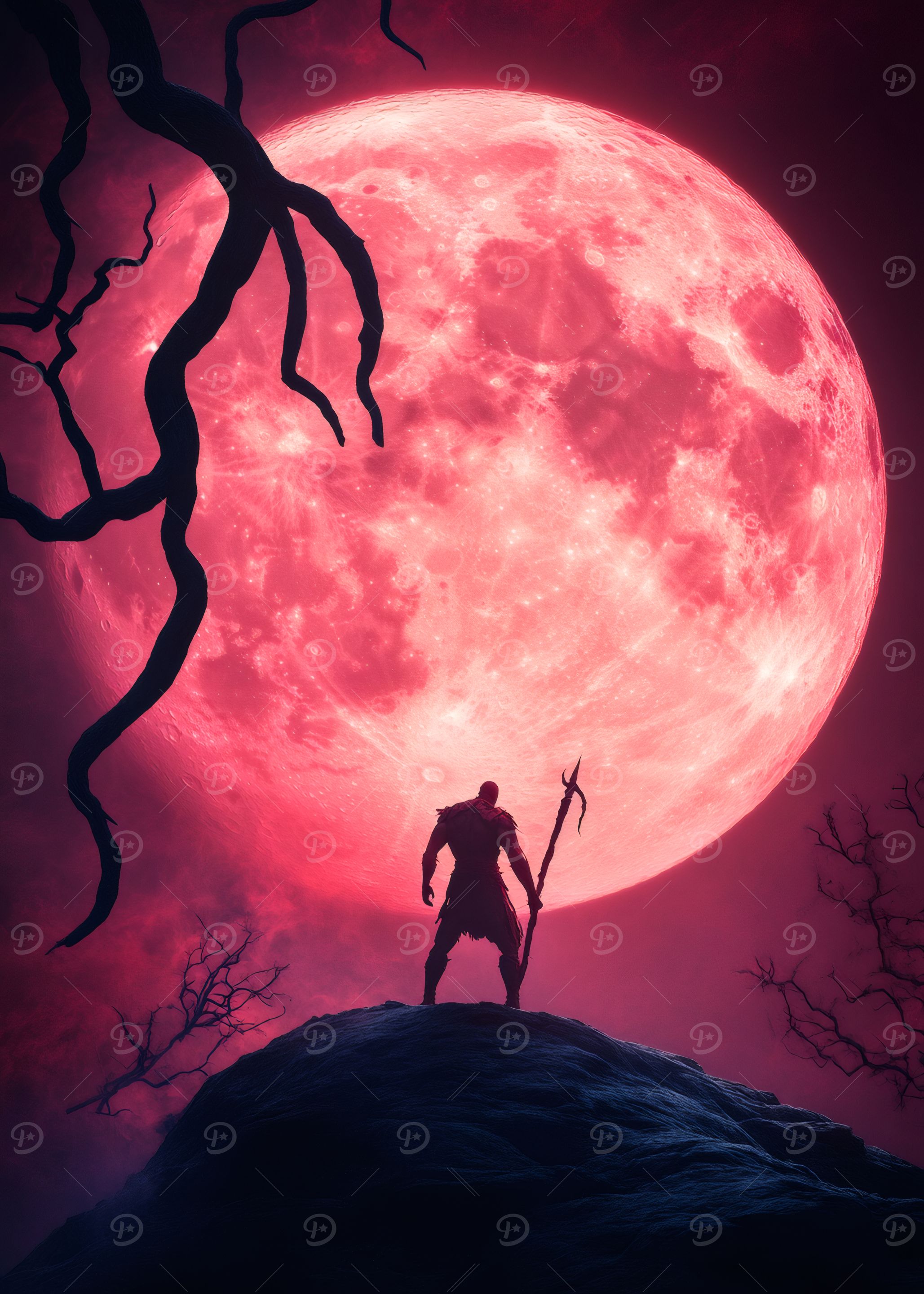 Silhouette Warrior Under Blood Moon