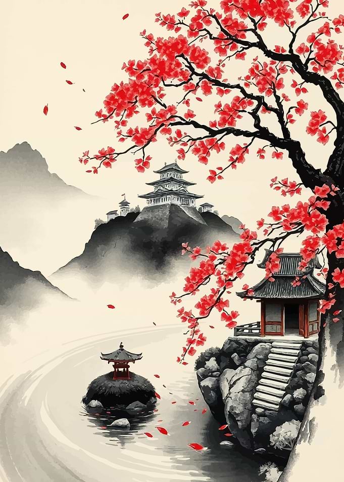 Japanese Garden with Cherry Blossoms