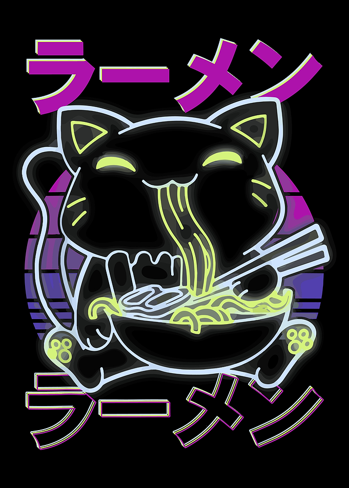Cat ramen neon, Cat eating ramen, Japanese Cat Poster, funny Kitchen Wall Art, Japanese Vintage Wall Art, Neon poster color, ramen cat