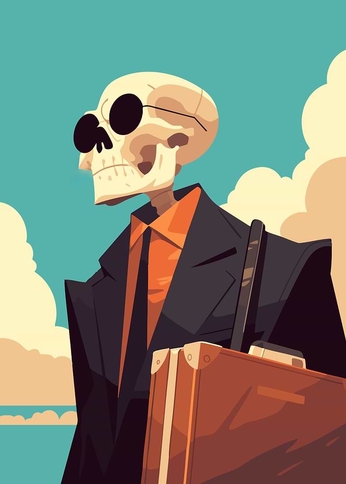 Skeleton Man and Suitcase Minimalist Art Illustration