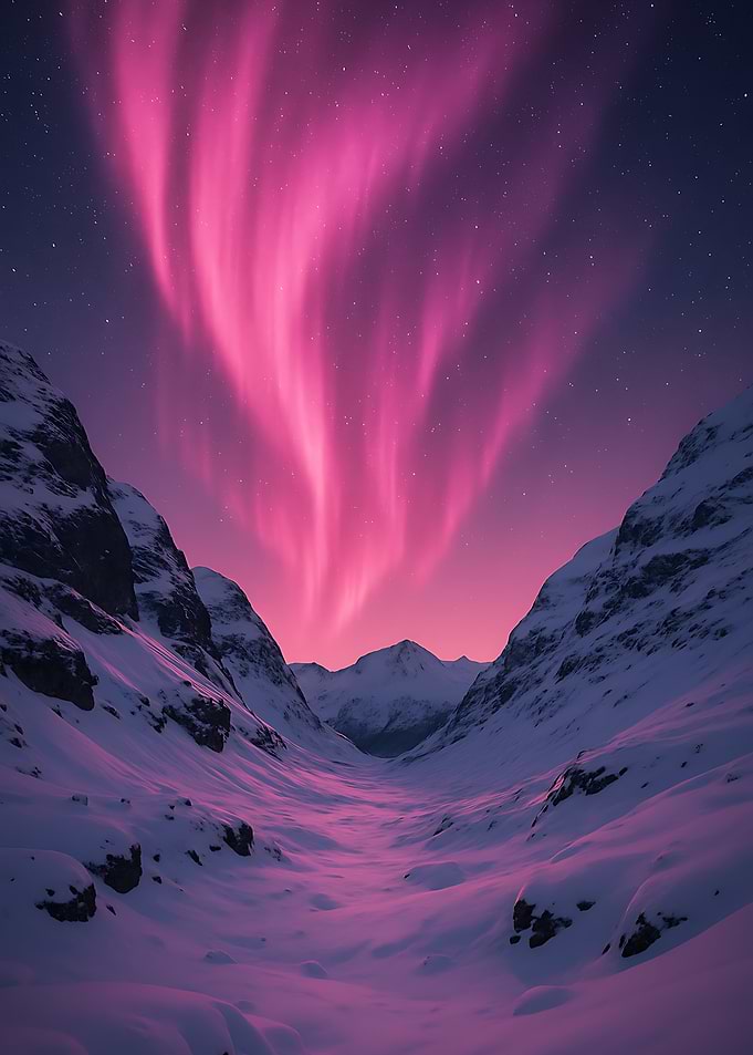 Pink Aurora Borealis Over Mountains
