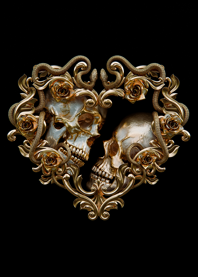 Golden Skulls in Heart Frame