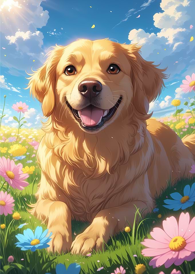 Happy Golden Retriever Dog in Sunny Flower Meadow - Cute Anime Style Cartoon Dog Portrait Art