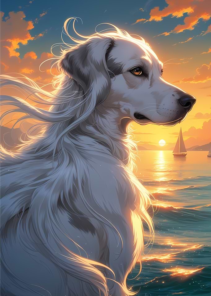 Beautiful White Afghan Hound Dog in Sunset Seascape - Ethereal Anime Style Cartoon Dog Portrait Art