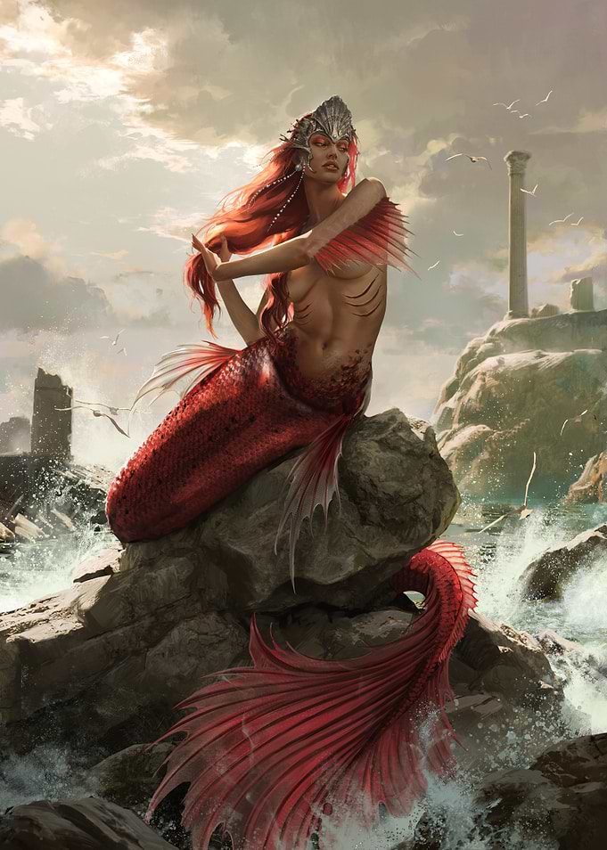 Scarlet Mermaid on Rocks