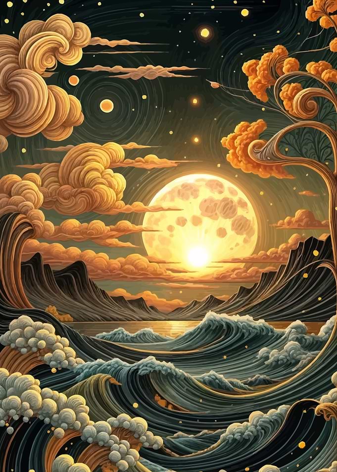 Full Moon Over Waves