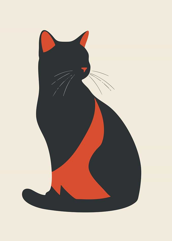 Minimalist Black Cat Silhouette with Red Accent Art Illustration