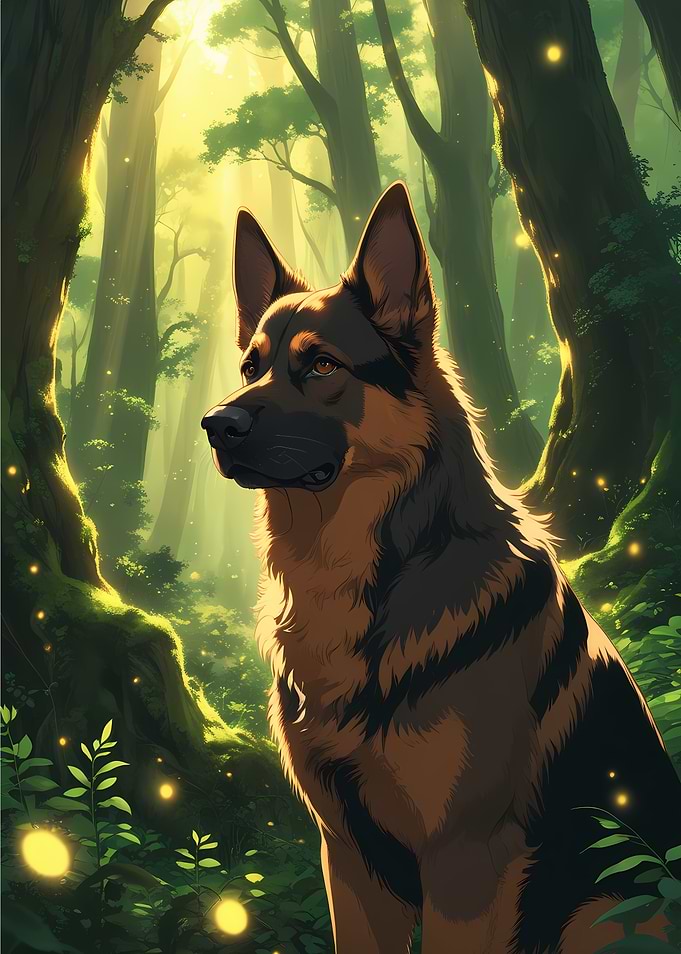 Majestic German Shepherd Dog in Enchanted Forest - Beautiful Anime Style Cartoon Dog Portrait Art