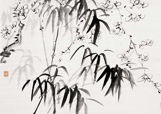 Black Ink Bamboo and Flowers