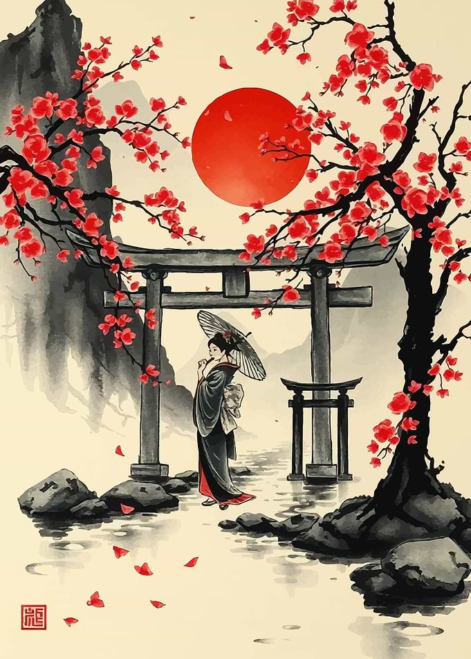 Japanese Geisha with Cherry Blossoms 2