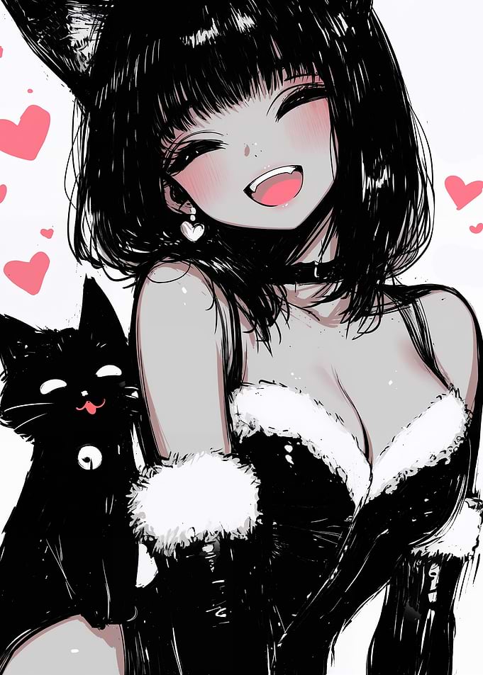 Cute Anime Cat Girl and Black Cat
