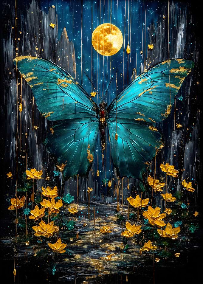 Butterfly, Flowers, and Moonlit Night