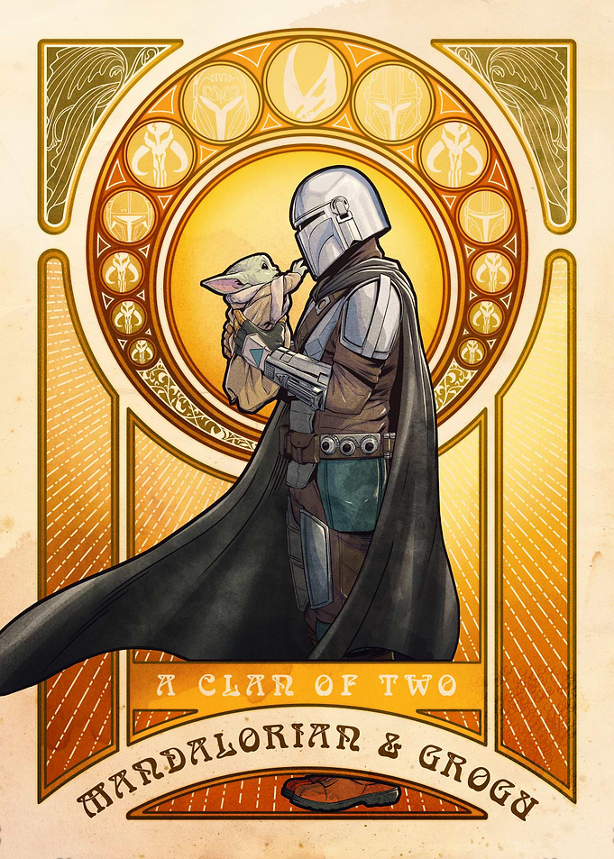 Mandalorian and Grogu in Art Nouveau Style