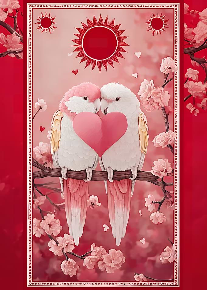 Lovebirds with Heart and Cherry Blossoms