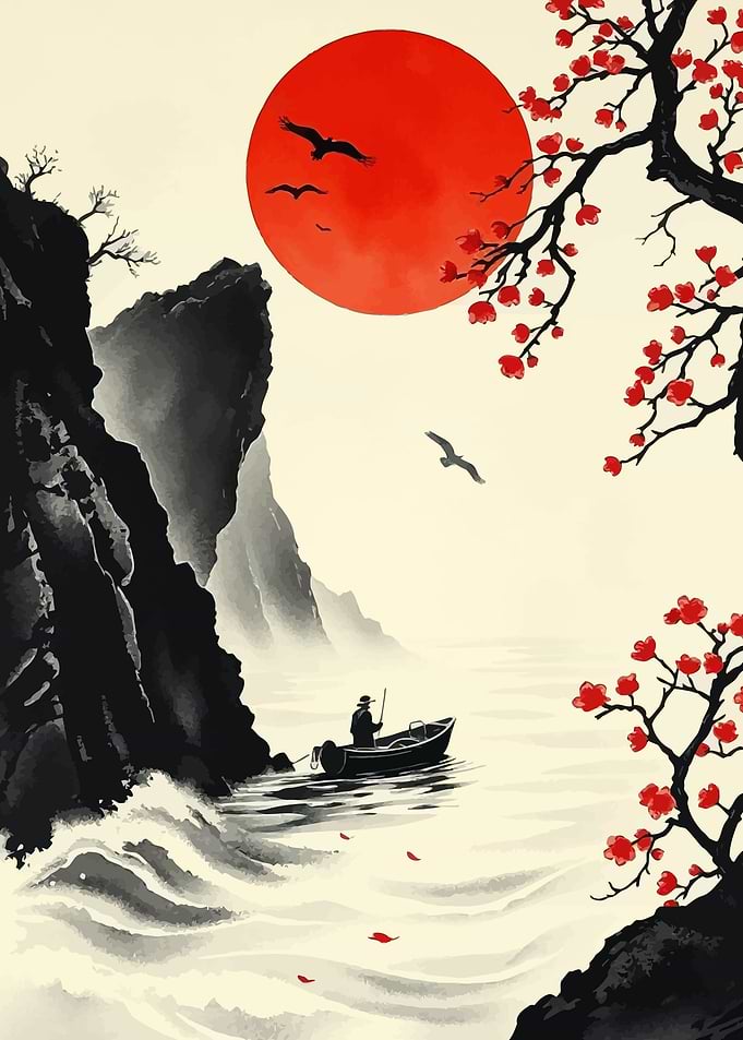 Japanese Landscape with Fisherman and Sun