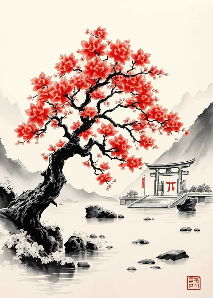 Japanese Landscape with Red Blossoms