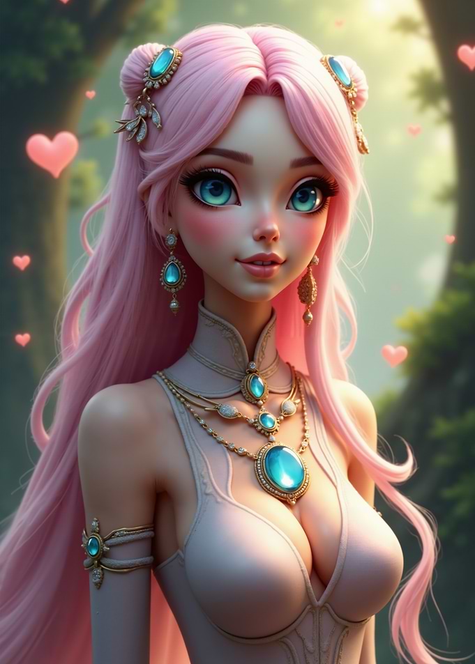 Pink-haired girl with jewelry in forest