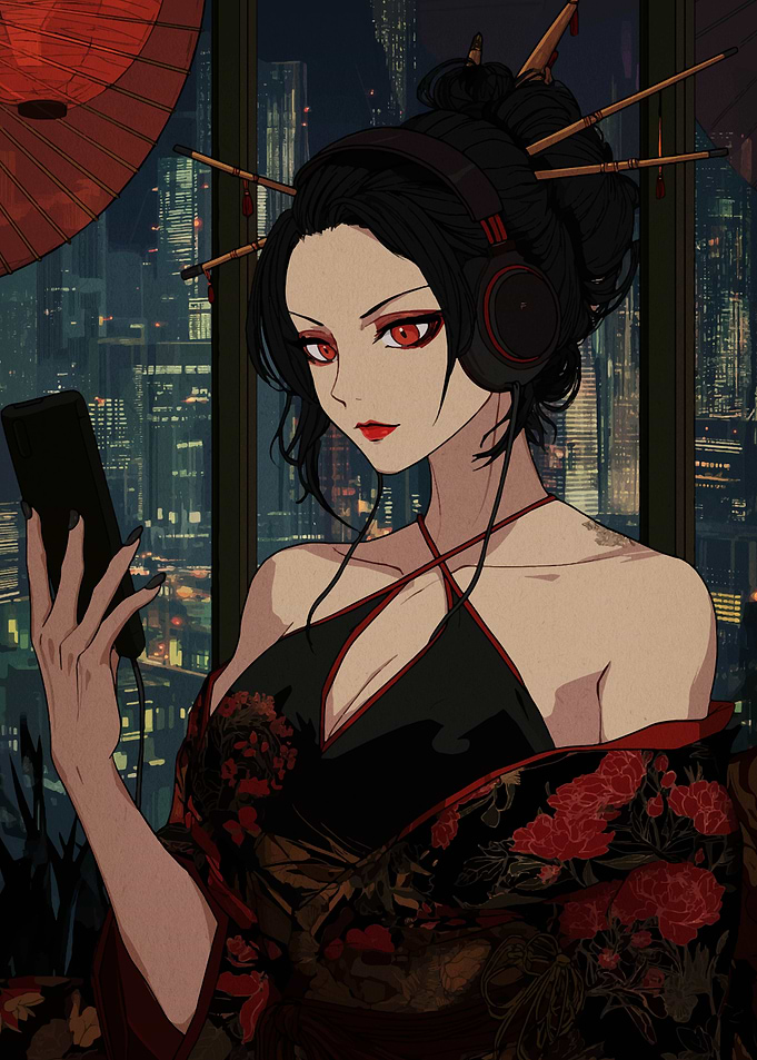 Anime Girl in Kimono with Headphones