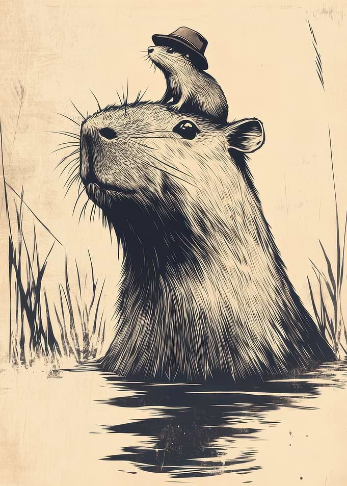 Capybara with Hat and Friend