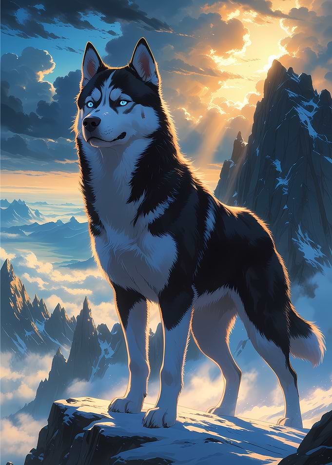 Majestic Blue Eyed Siberian Husky Dog on Snowy Mountain Peak - Beautiful Anime Style Cartoon Dog Portrait Art