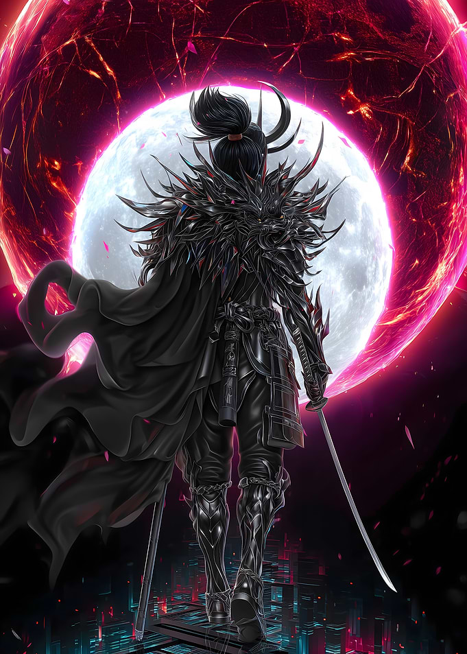 Cyberpunk Samurai with Moon Backdrop