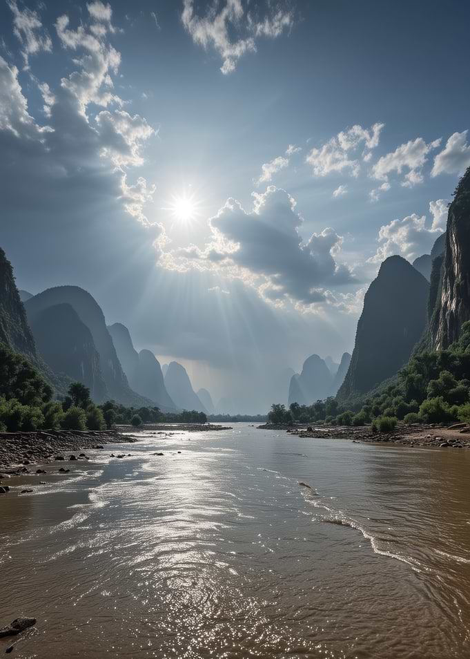 River Landscape with Mountains and Sunlight