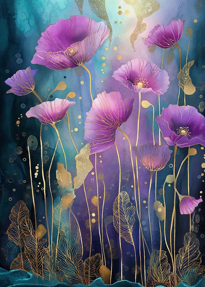 Purple Poppies with Golden Veins