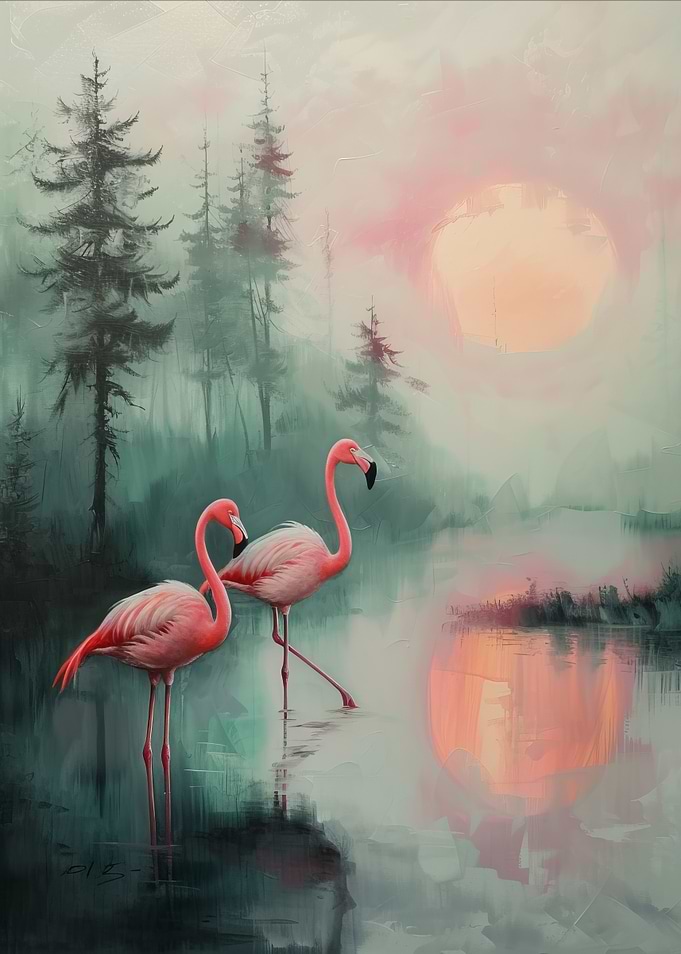 Pink Flamingos at Sunset