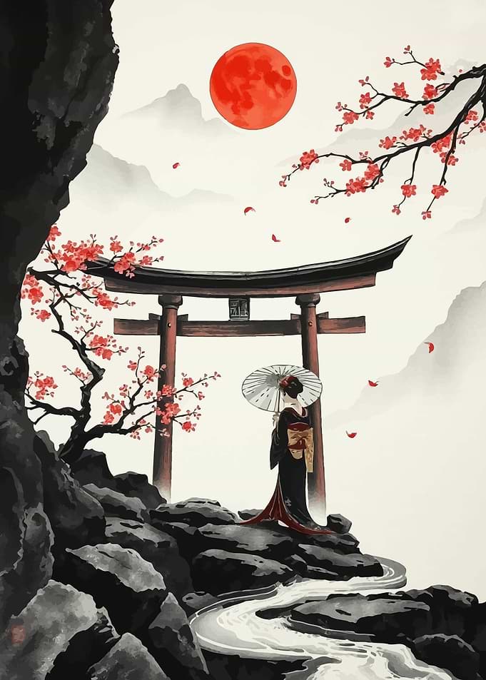 Japanese Geisha Landscape with Torii Gate