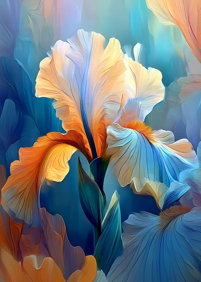 Floral Painting: Iris in Blue and Orange