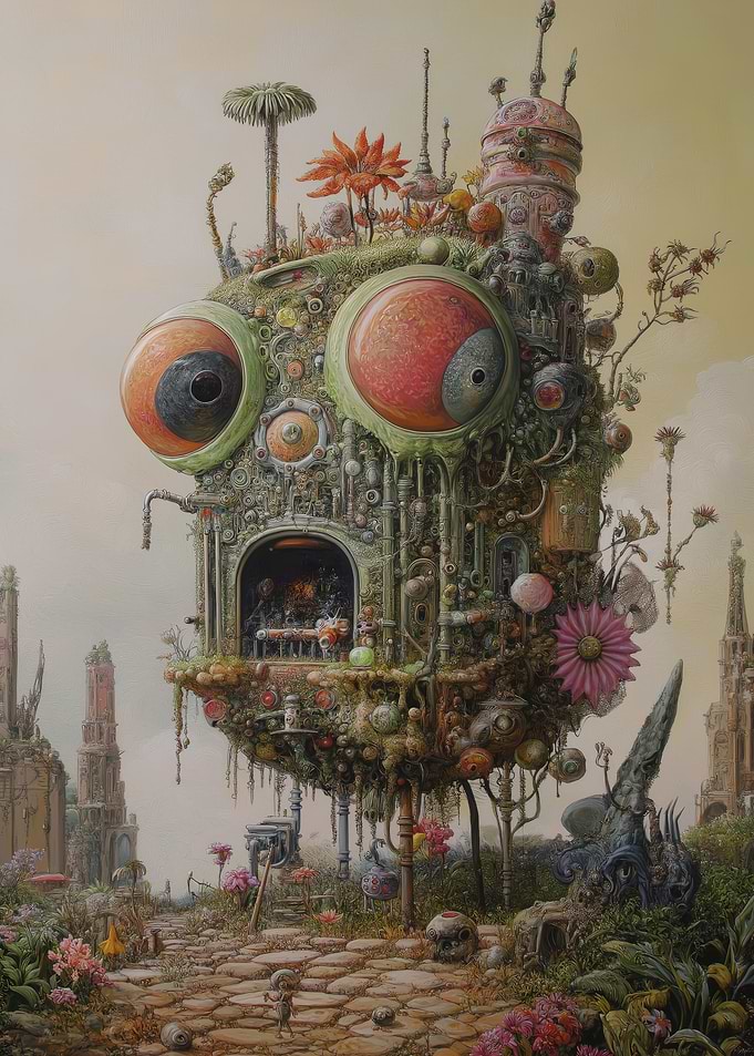 Surreal Mechanical Creature in Fantasy Landscape