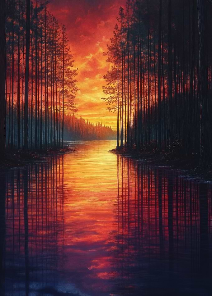 Forest Lake Sunset Painting