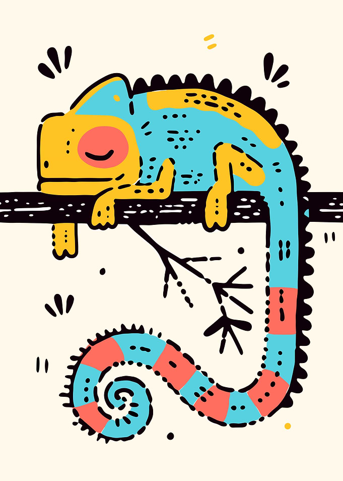 Cartoon Chameleon on Branch Illustration