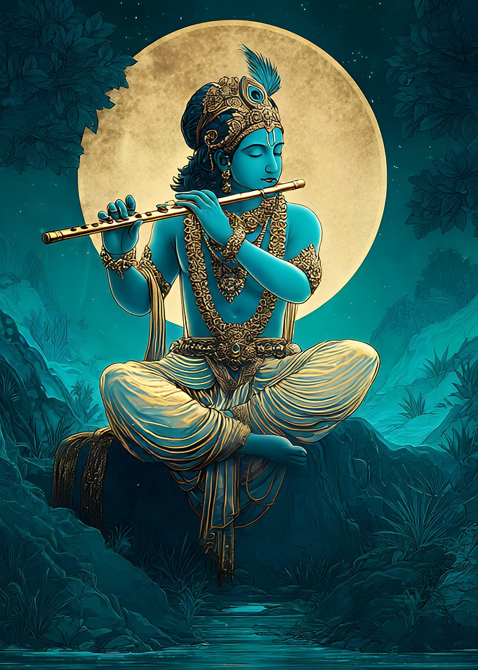 Krishna Playing Flute Under Moonlight