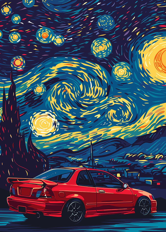Red Car Starry Night Art