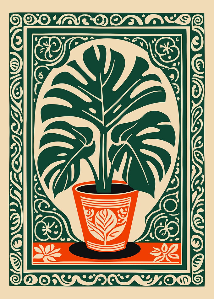 Monstera Plant Illustration with Decorative Border