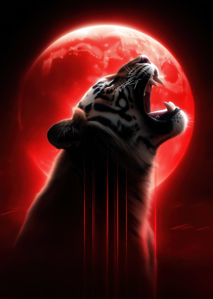 Roaring Tiger with Red Moon