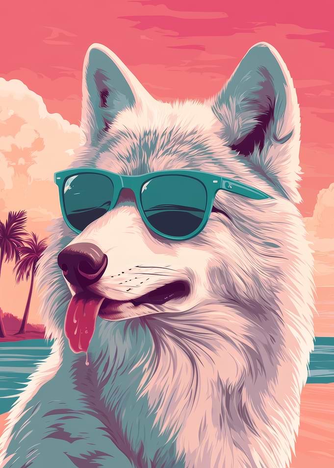 Cool Wolf on Beach with Sunglasses | Summer Wolf Tropical Vibes