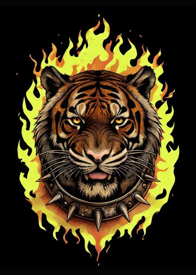 Tiger with Spiked Collar in Flames