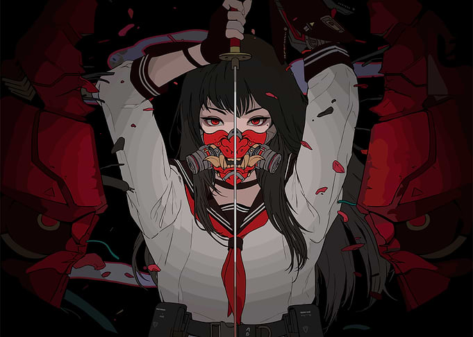 Cyberpunk Schoolgirl with Katana and Mask