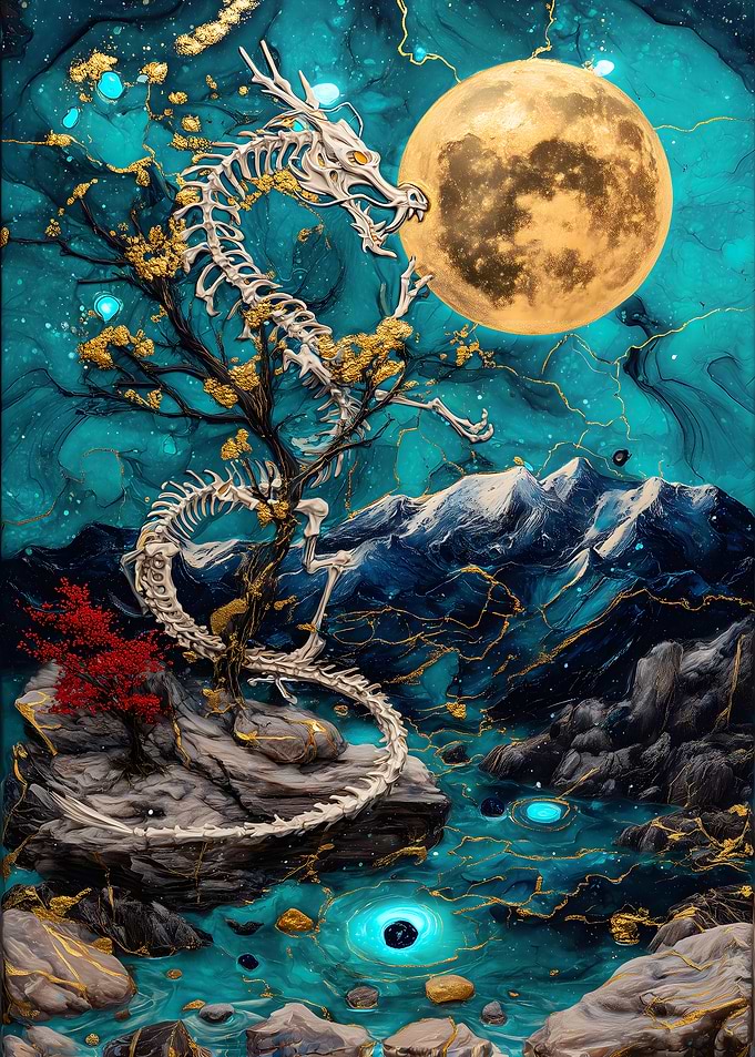 Dragon Skeleton with Moon and Landscape