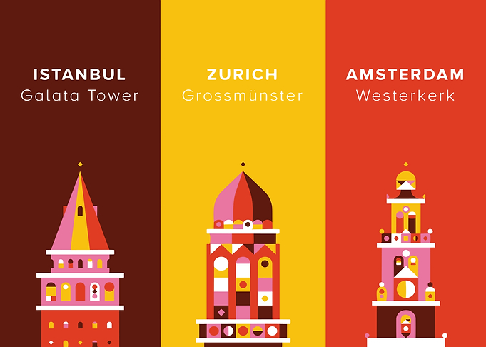 Istanbul, Zurich, Amsterdam Landmarks Illustration