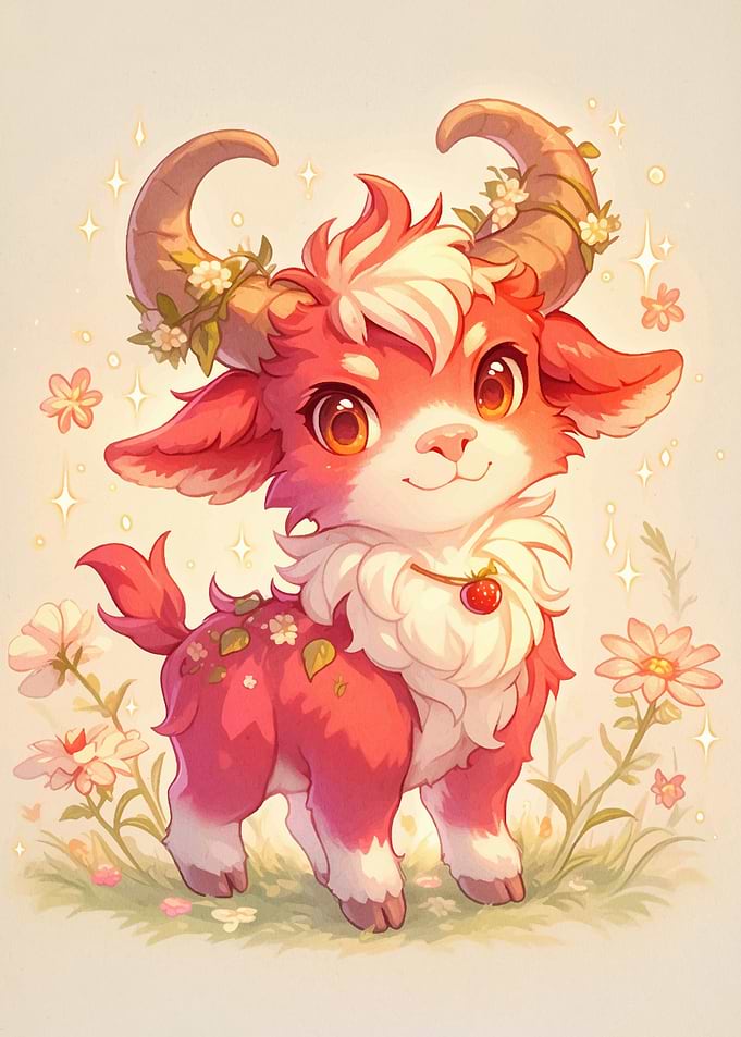 Cute Strawberry Goat with Flowers