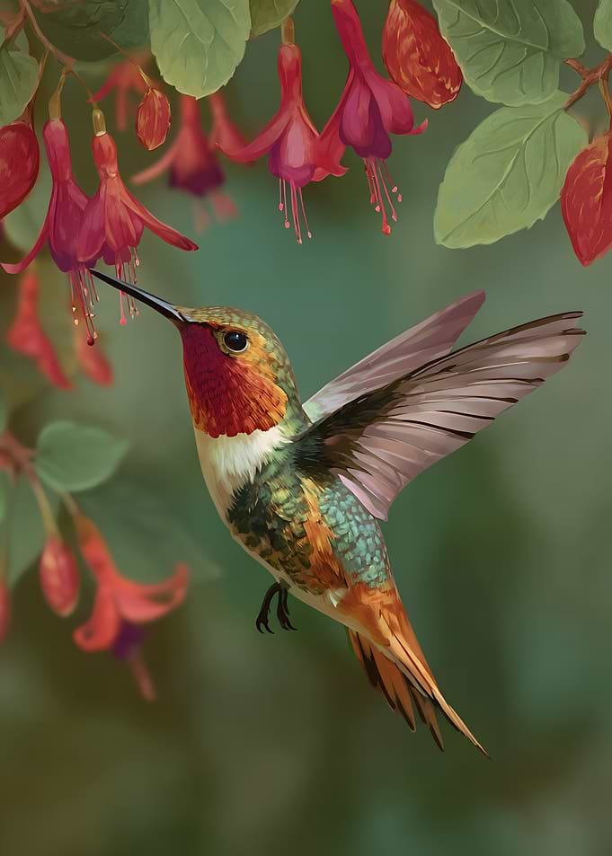 Hummingbird and Fuchsia Flowers Illustration