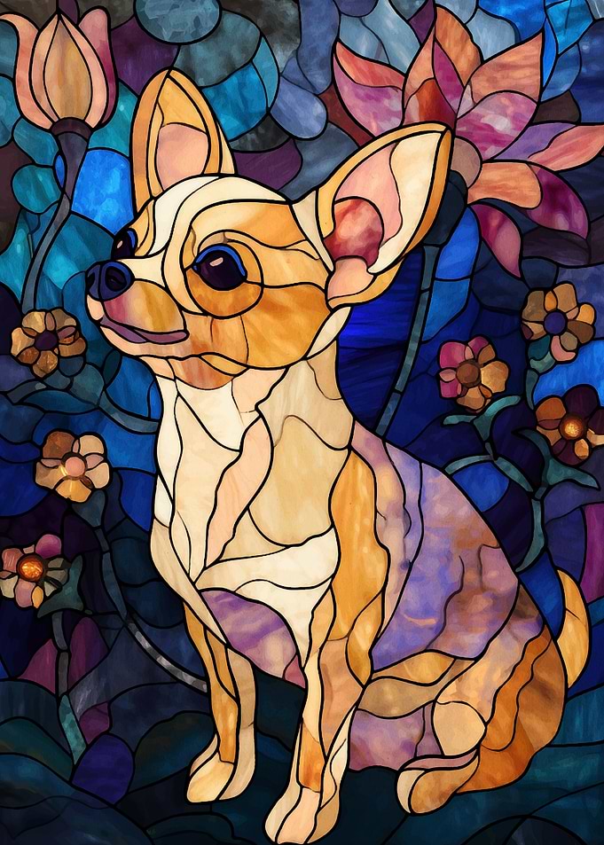 Stained Glass Chihuahua with Floral Background