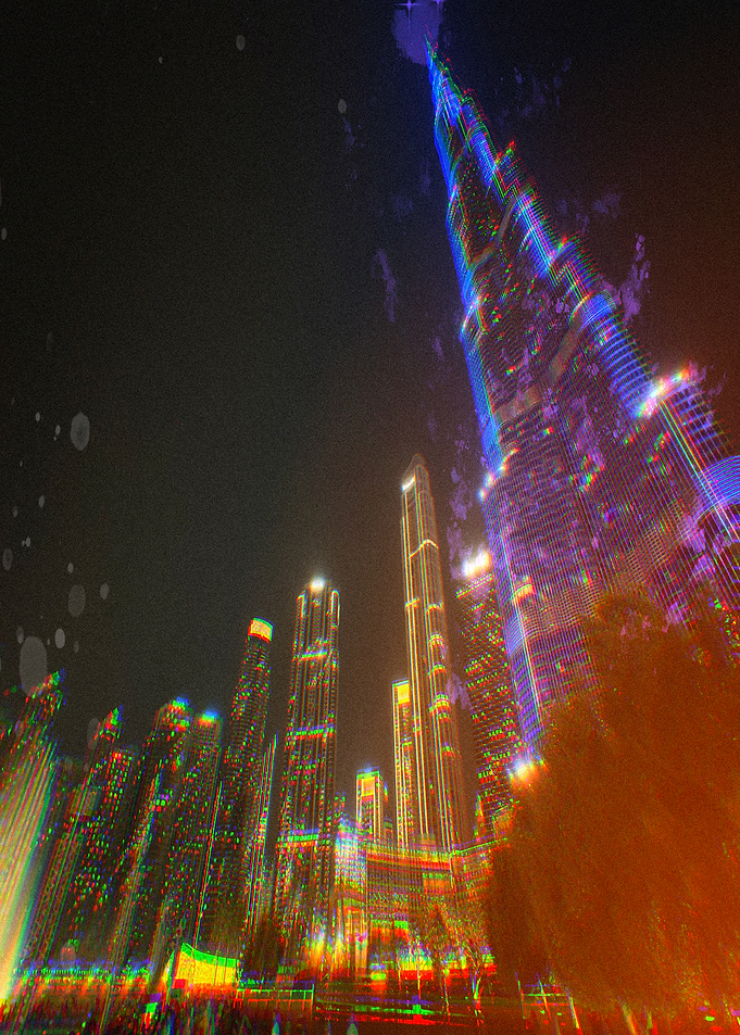Dubai Skyline at Night with Glitch Effect
