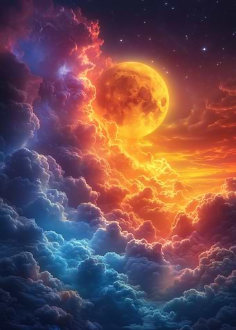 Dramatic Moonrise Over Colorful Clouds