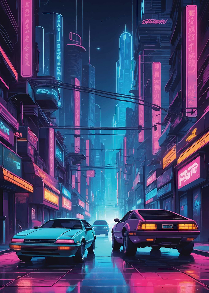 Neon Cityscape with Retro Cars