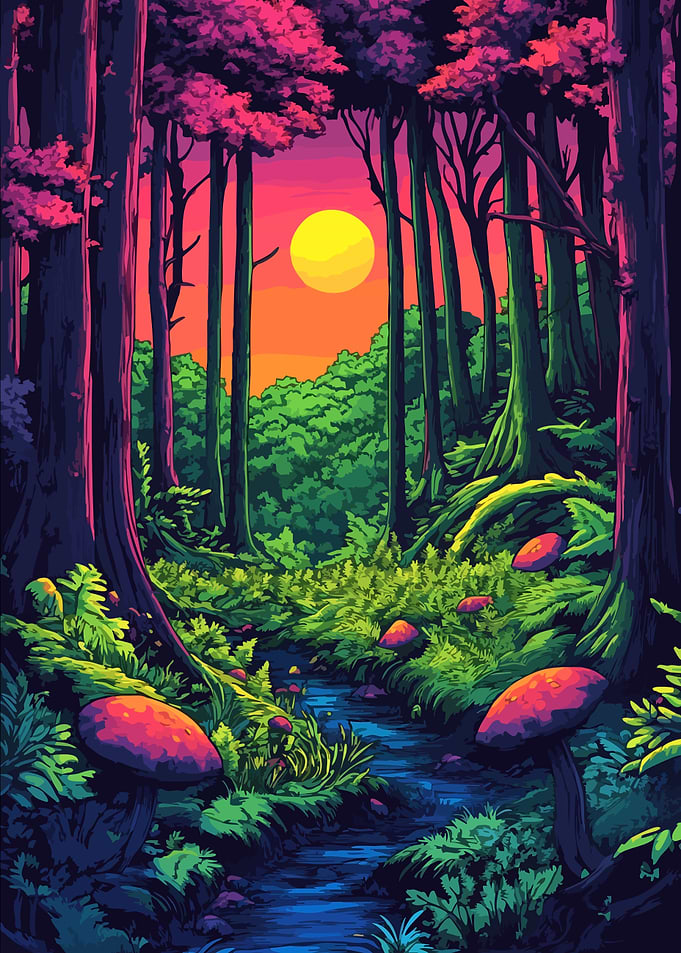 Vibrant Retro Mushroom Forest Minimalist Art Illustration