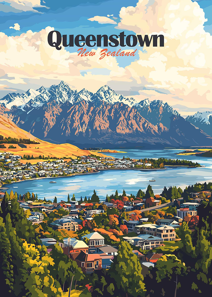 Queenstown New Zealand Scenic Landscape Art